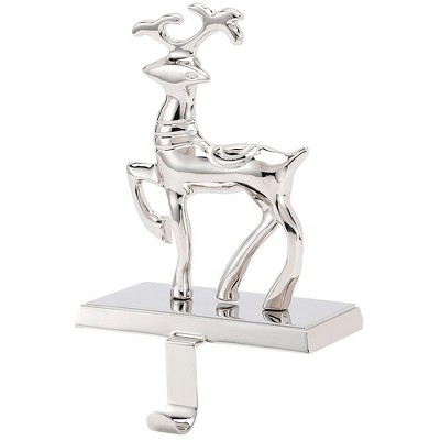 Silver Reindeer and Santa Claus Metal Stocking Holder Set