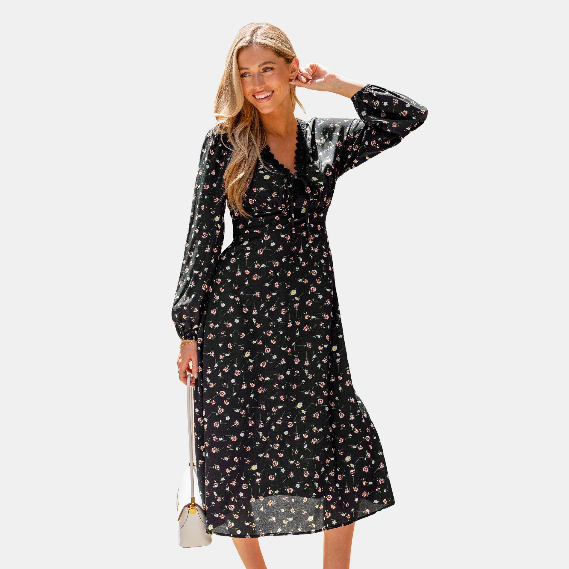 Women's Elegant Long Sleeves Floral Midi - Cupshe-XL-Black