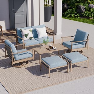 HAPPATIO 6 Pieces Aluminum Outdoor Conversation Set with 1 Loveseat,Coffee Table, 2 Swivel Chairs and Ottomans - 1 of 4