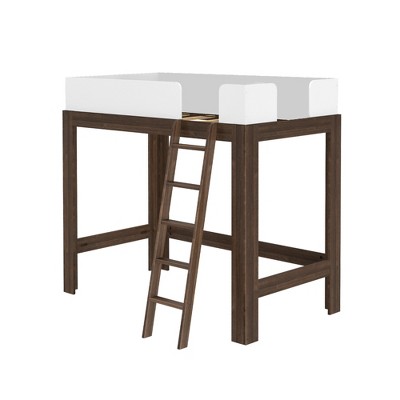 Walnut and White Twin Loft Bed with Wood Frame and Headboard