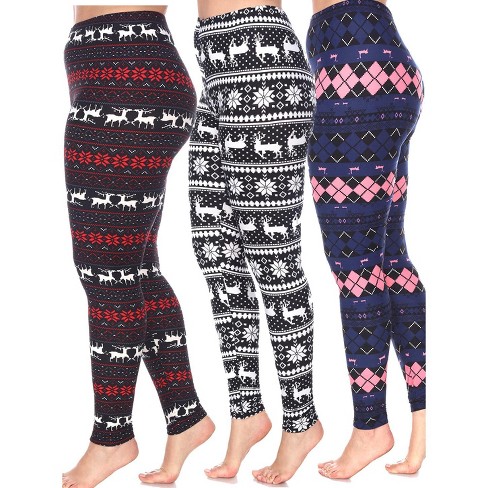 Women's Pack of 3 Plus Size Leggings Black/Red, Black/White, Navy /Pink  Argyle One Size Fits Most Plus - White Mark