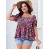 Agnes Orinda Women's Plus Size Floral Ruffle Hem Sweetheart Neck Short Sleeve Back Smocked Blouses - 2 of 4