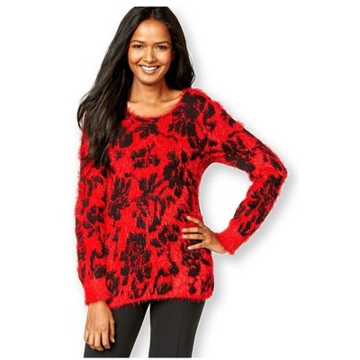 NY Collection Womens Florl-Print Eyelash Floral Pullover Sweater