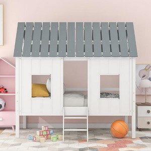 Twin House Bed for Kids Wood Low Loft Bed Frame with Windows and Roof, Easy Assembly White - 1 of 4