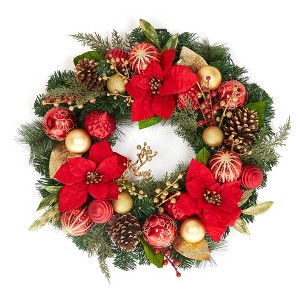Orieon 24" Christmas Wreath with Red Poinsettia, Gold Ornaments, Pinecones & 30 LED Lights, Indoor & Outdoor Holiday Decor for Front Door, Wall - 1 of 4