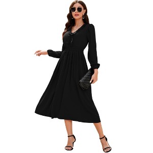 Women's V - Neck Ruffled Long Dress, Elegant Long - Sleeve Maxi Dress with Waist Accent - 1 of 4