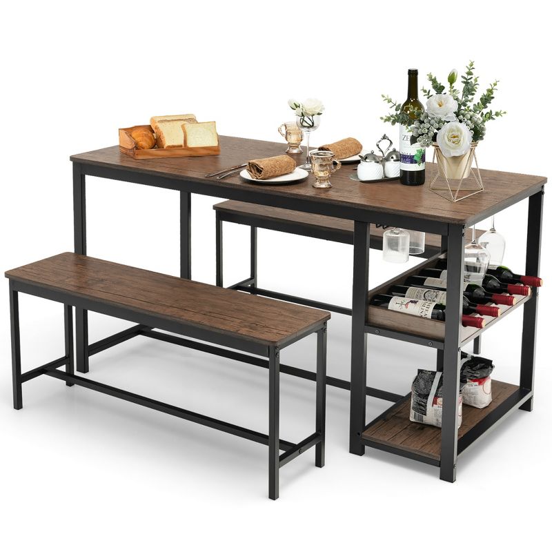 Tangkula 3PCS Rustic Kitchen Dining Set Includes Storage Rack w/ Rectangular Table & 2 Benches, 1 of 11