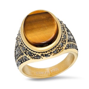 Steeltime Men's 18k gold plated stainless steel oval tiger eye ring with black simulated diamonds - 1 of 4