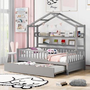 Full Size Bed with 2 Storage Drawers, Wooden Full Daybed with Rails and Roof, Wood Floor Bed for Teens Girls Boys, No Box Spring Needed, Grey - 1 of 4