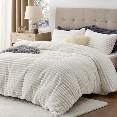 Bedsure | 3 Pcs Fluffy Flannel Duvet Cover Set Ultra Soft Plush Shaggy Striped Pattern