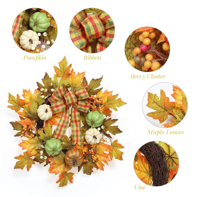Fall Wreaths for Front Door, 20" Autumn Wreath with Pumpkin Ribbon Berries and Maples Leaf, 3 of 7