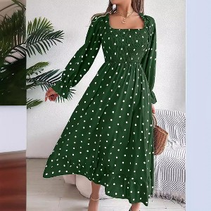 Coolmee Women's Fall Dresses Crew Neck Long Sleeve Dot Tiered Flowy A Line Casual Boho Party Maxi Dress - 1 of 4