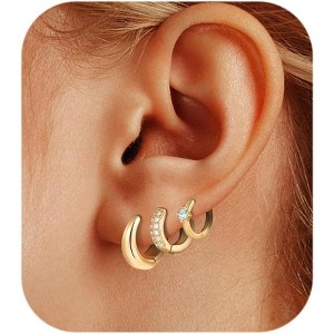 Gold Chunky Hoop Earrings Set for Women, 14K Gold Plated Twisted Huggie Hoop Earring, Thick Open Hoops Set Lightweight - 1 of 4
