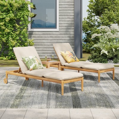 Set of 2 Outdoor Chaise Lounges with Wheels,Adjustable Acacia Wood Loungers with Cushions,Reclining Chairs for Patio Poolside-Coolbibila