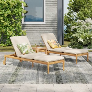 Set of 2 Outdoor Chaise Lounges with Wheels,Adjustable Acacia Wood Loungers with Cushions,Reclining Chairs for Patio Poolside-Coolbibila - 1 of 4