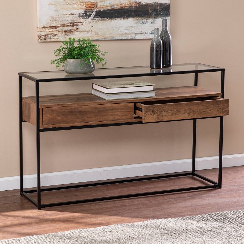 Slehidi Glass Top Console Table with Storage Black/Natural - Aiden Lane, 4 of 12