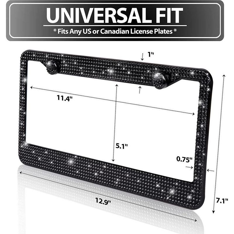 Zone Tech Shiny Bling Rhinestone License Plate Cover Frame –Classic Black Sparkly Crystal Bling Stainless Steel Car Novelty/License Plate Frame, 2 of 8