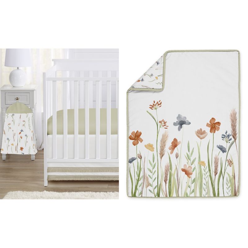 Sweet Jojo Designs Girl Baby Crib Bedding Set - Watercolor Floral Garden Collection Sage Green 4pc, 1 of 8