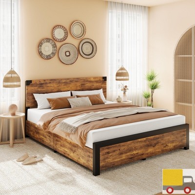Garvee Bed Frame with 4 Storage Drawers, Heavy Duty Metal Platform with Wood Headboard, Noise-Free, No Box Spring Needed,Ideal for Small Bedrooms