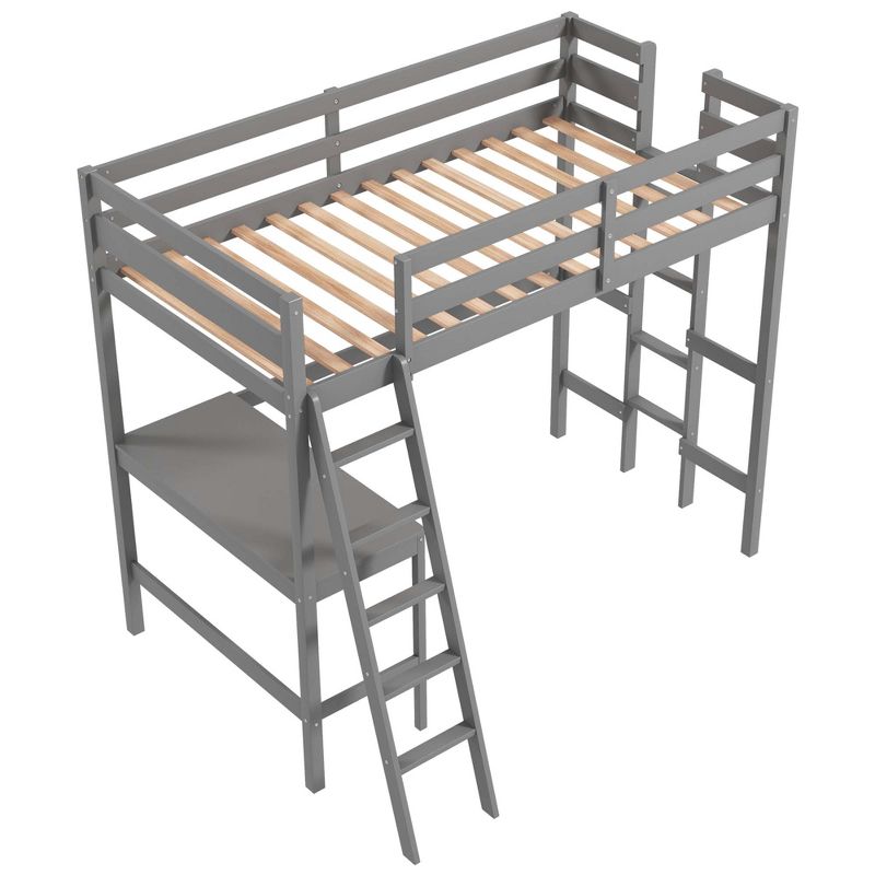 Costway Twin Size Loft Bed w/ Desk & Shelf 2 Ladders & Guard Rail for Kids Teens Bedroom Brown/Grey/White, 2 of 11