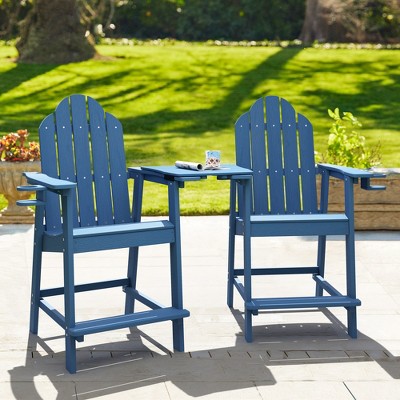 2pcs Adirondack Chair with Removable Tray, Poly Adirondack Chair Bar Stool with Cup Holder, 25.6" Weather Resistant Lifeguard Chair for Balcony,Deck
