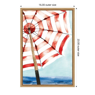 Red and White Striped Umbrella Beach Scene Canvas Art