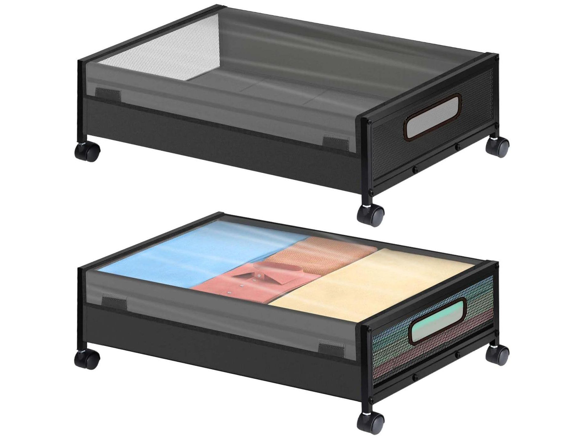 Under Bed Storage with Wheels, 2 Pack Rolling Under-Bed Storage Containers with Clear Lids, Low Profile Storage Bins for Clothes, Blankets