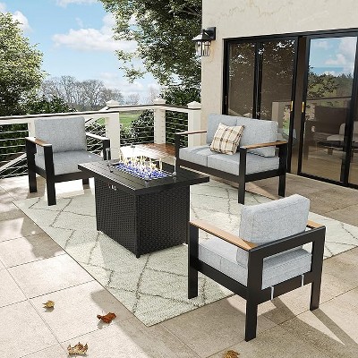 LayinSun 4 Pieces Aluminum Outdoor Patio Furniture Set with Fire Pit Table, Outside Metal Patio Conversation Sets with Deep Seating and Thick Cushions