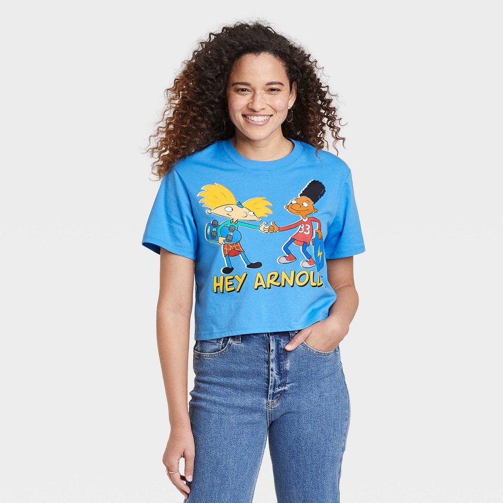 Size M Women's Nickelodeon Hey Arnold Short Sleeve Cropped Graphic T-Shirt - Blue M