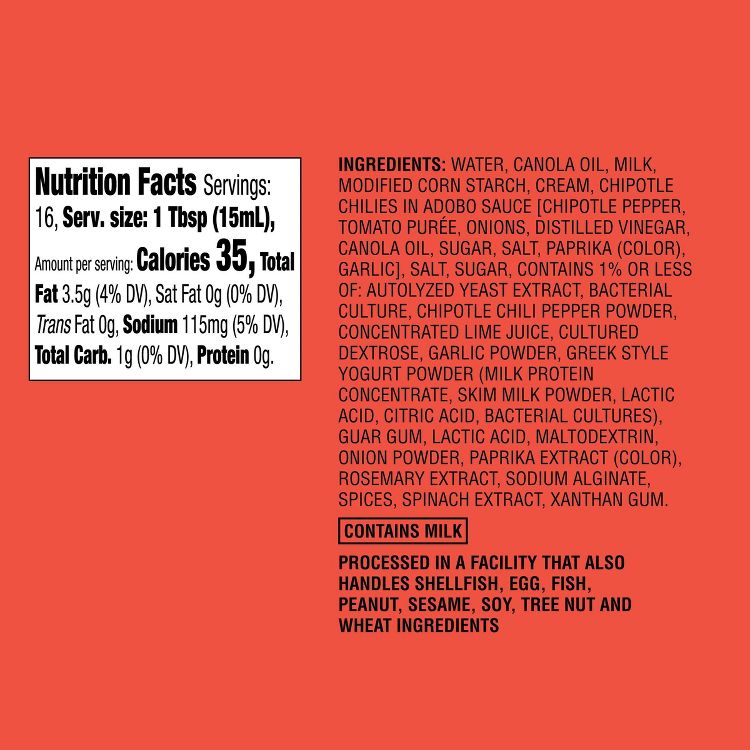 Nutrition label showing 35 calories per serving with ingredients including water, canola oil, milk, and chipotle chilies in adobo sauce.