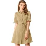 Allegra K Women's Summer Ruffled Short Sleeve Cotton Solid Color Belted Button Down Shirt Dresses