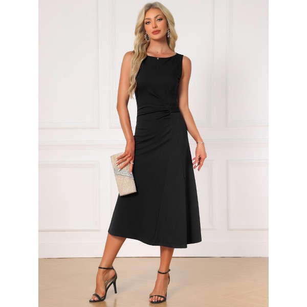 Vestido de trabajo formal sin mangas con fruncido y talle alto para mujer, corte A 3