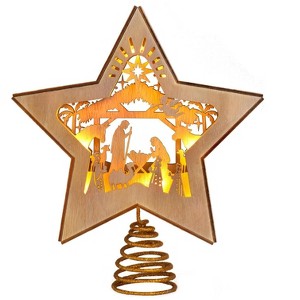 Aoibox 3D Wooden Nativity Christmas Tree Star Topper 10 LED Lighted Ornament Classic Layered Design 8.66 x 8.66 x 1 in 1 Piece - 1 of 4