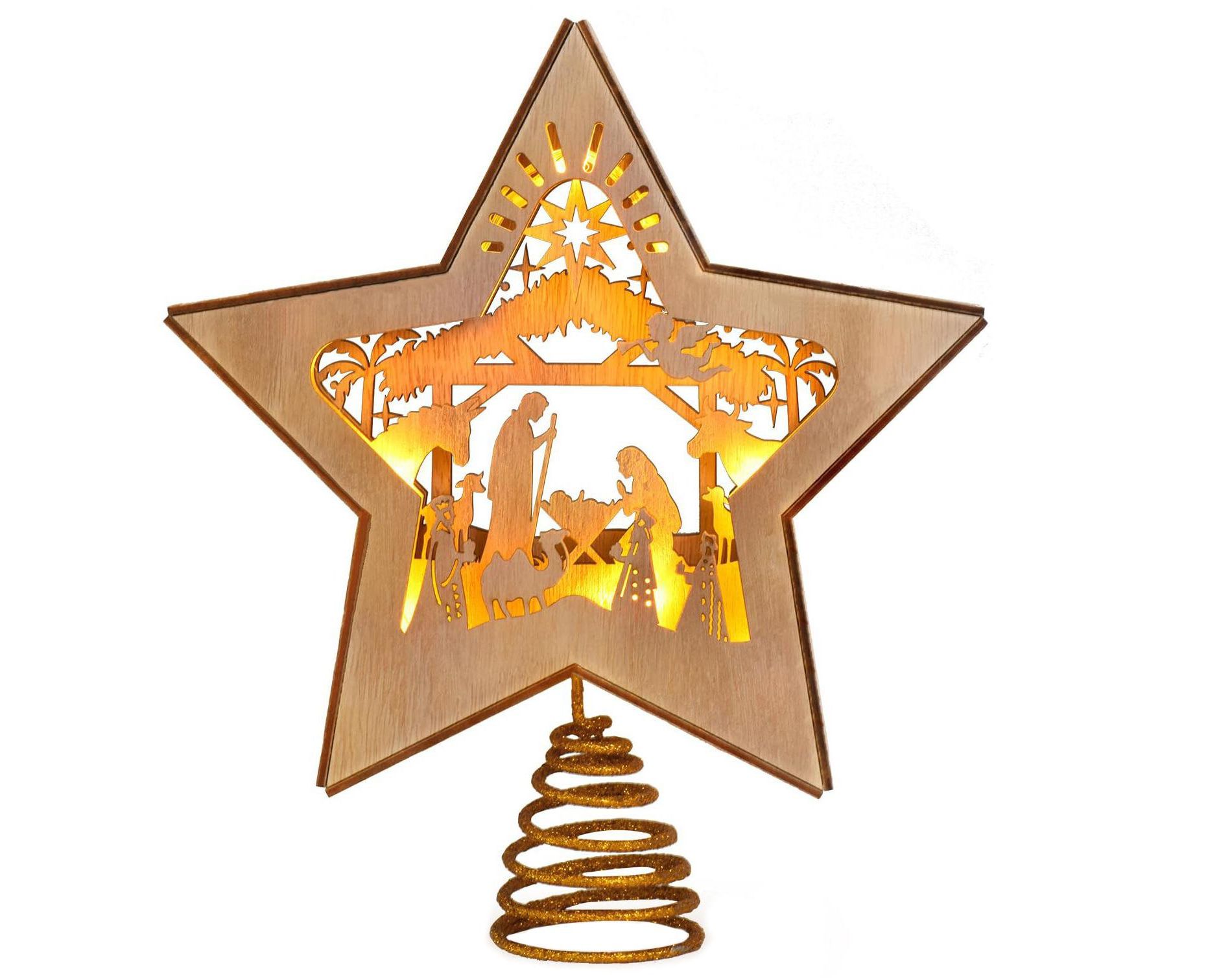 Aoibox 3D Wooden Nativity Christmas Tree Star Topper 10 LED Lighted Ornament Classic Layered Design 8.66 x 8.66 x 1 in 1 Piece