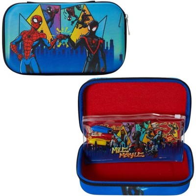 Marvel Avengers Spiderman Miles Morales Pencil Case Set with Stickers and Gel Pens for Kids, Molded with Zip Closure, Blue