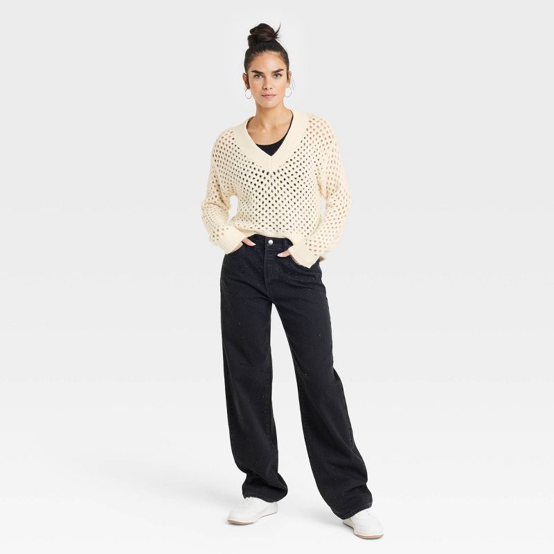 Women's V-Neck Open Work Pullover Sweater - Universal Thread™, 4 of 10
