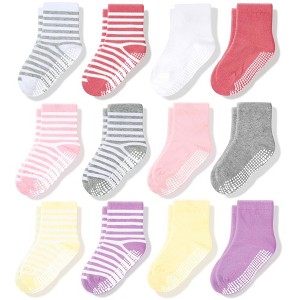 Cozyway Non-Slip Crew Grip Toddler Socks, 12 Pack for Girls, Solid White/Gray/Yellow/Purple/Coral & Stripes, 1-3 Years Old - 1 of 4