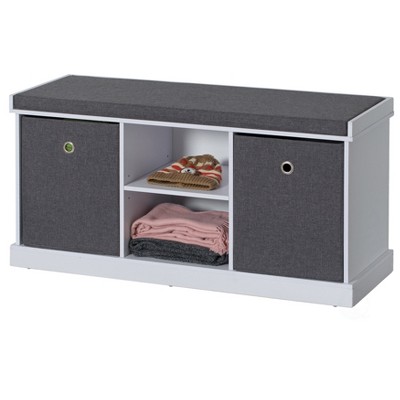 Basicwise MDF Storage Box Shoe Bench with 2 Drawers, Foldable Baskets and a Gray Cushion, White