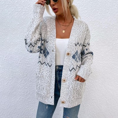 Women'S Christmas Snow crystal Sweater with Single-Breasted Design and Pocket