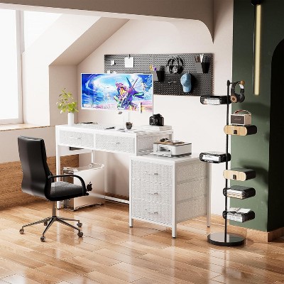Aheaplus Home Office Desk with 5 Drawers, Reversible Computer Desk with Power Outlet,Corner Writing Desk with File Cabinet