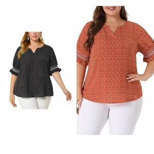 Women's Plus Size 2 Pieces Floral Boho Polka Dots Short Sleeve Cute Smocked Spring Blouses - Agnes Orinda - 1 of 4