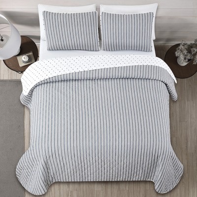 King Gray Microfiber Reversible Striped Quilt Set