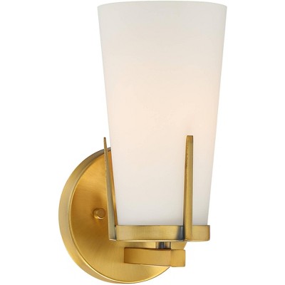 Possini Euro Design Mid Century Modern Wall Light Sconce Warm Brass Hardwired 9 3/4" High Fixture White Glass for Bedroom Bathroom