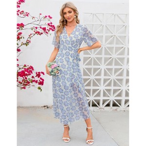 Coolmee Women's Summmer Dress Casual Boho Short Sleeve Long Dress Wrap V Neck Tunic Midi Sundress with Belt - 1 of 4
