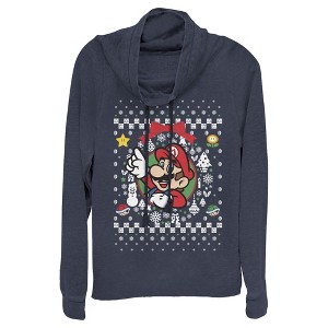 Juniors Womens Nintendo Ugly Christmas Mario Wreath Cowl Neck Sweatshirt - 1 of 3
