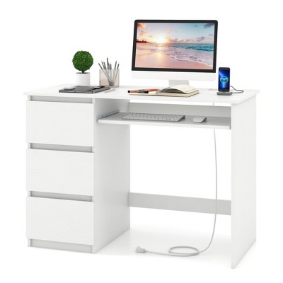 COSTWAY Floating Desk With Drawers & Cabinet – 129x59x76cm Home Office Computer Desk, Modern White & Gold