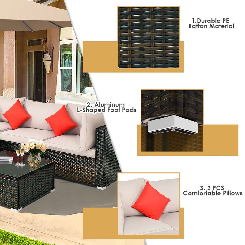 Costway 5PCS Outdoor Patio Rattan Furniture Set Sectional Conversation Beige Cushion, 5 of 10