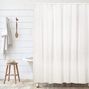 Folkulture Boho Shower Curtain 72" X 72" Water Repellent White Shower Curtain with Tassels, Grey Shower Curtains Recycled Cotton (Tulum Gray) - 1 of 4