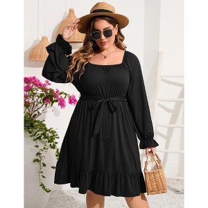 YesFashion Women's Casual Plus Size Square Neck Dress Short Sleeve Dress High Waist Ruffle Summer Midi Dress with Belt - 1 of 4