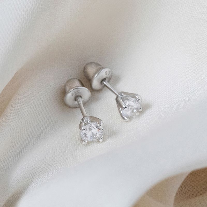 Girl's Modern Prong Solitaire Screw Back Sterling Silver Earrings - In Season Jewelry, 5 of 8